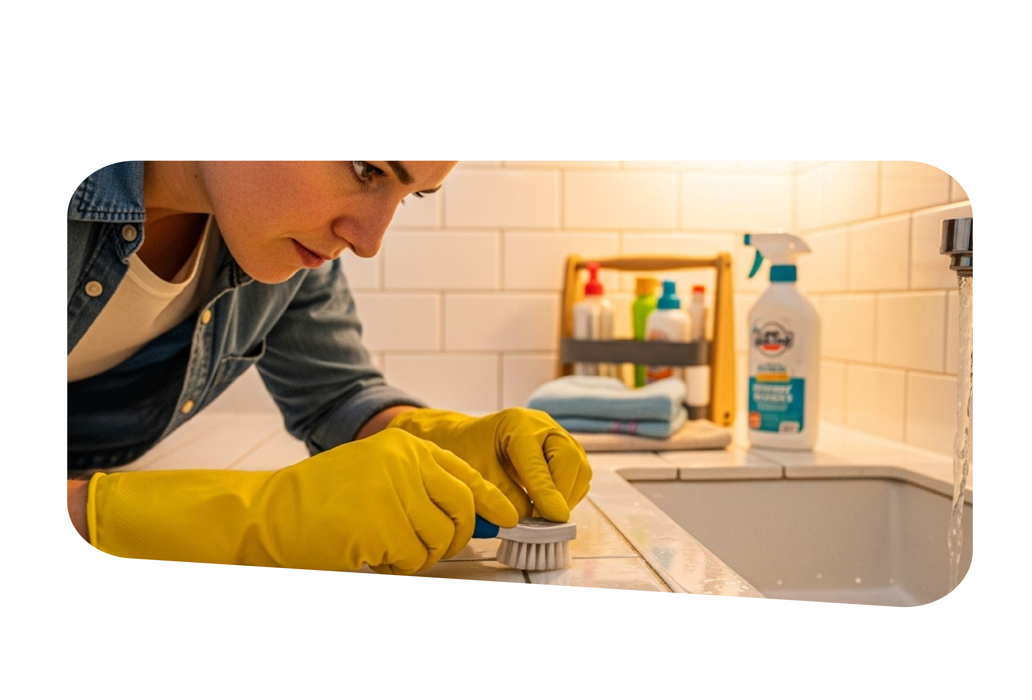 Person deep cleaning a kitchen.