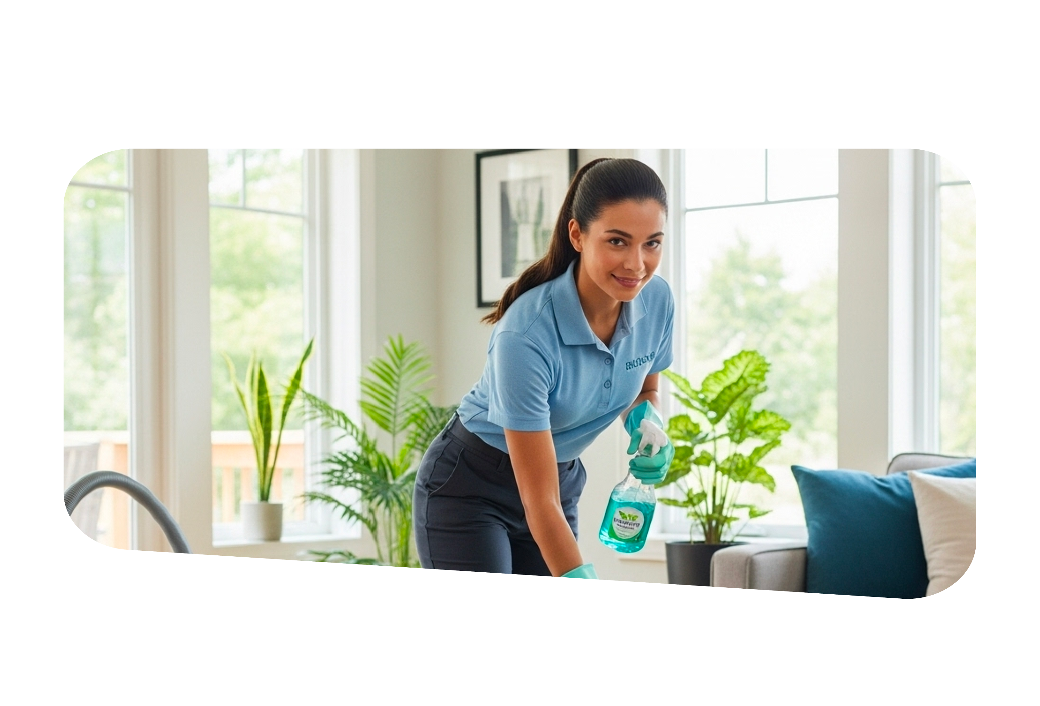 Professional cleaner wiping a surface in a modern home.