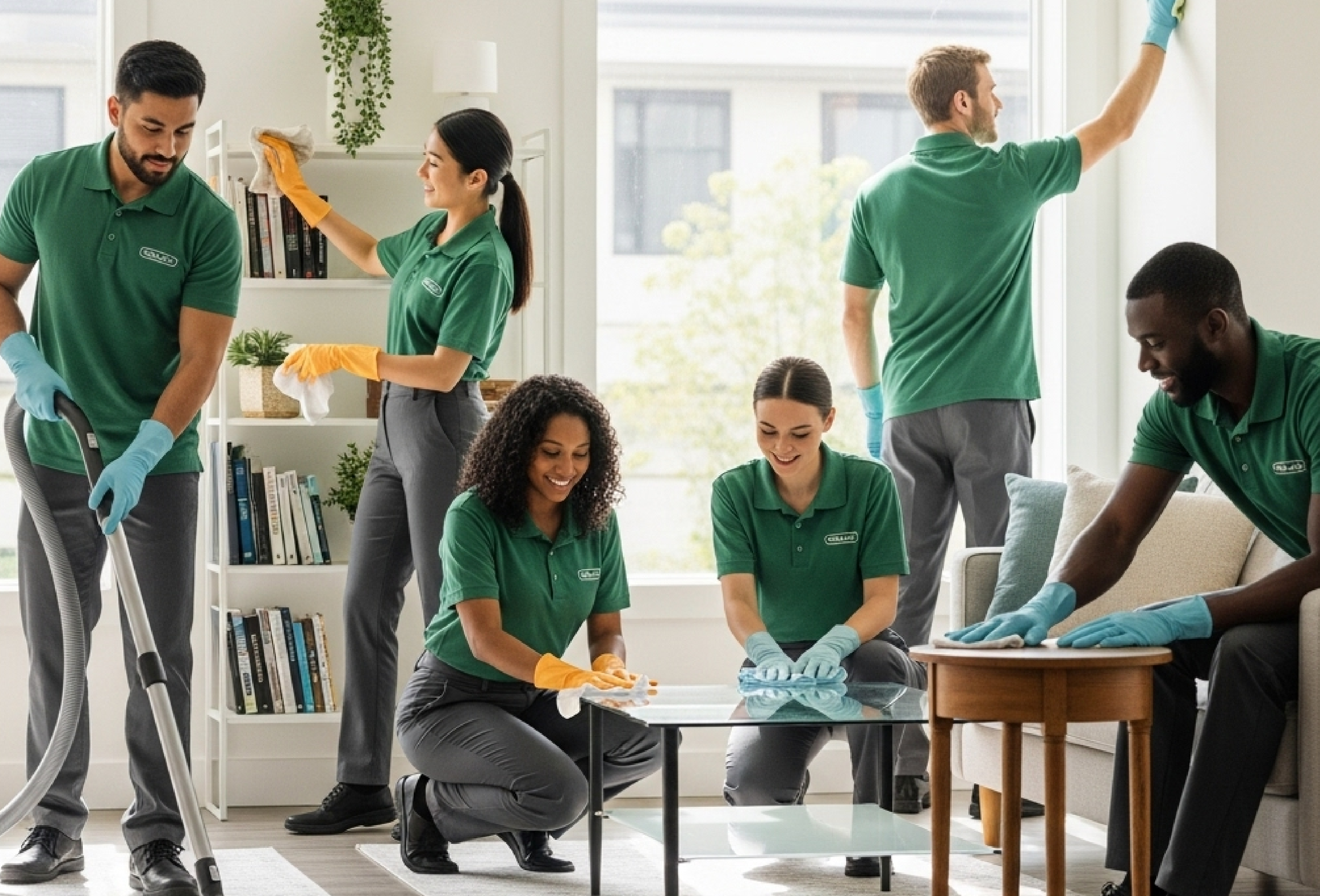 Team of professional cleaners working together in a kitchen.
