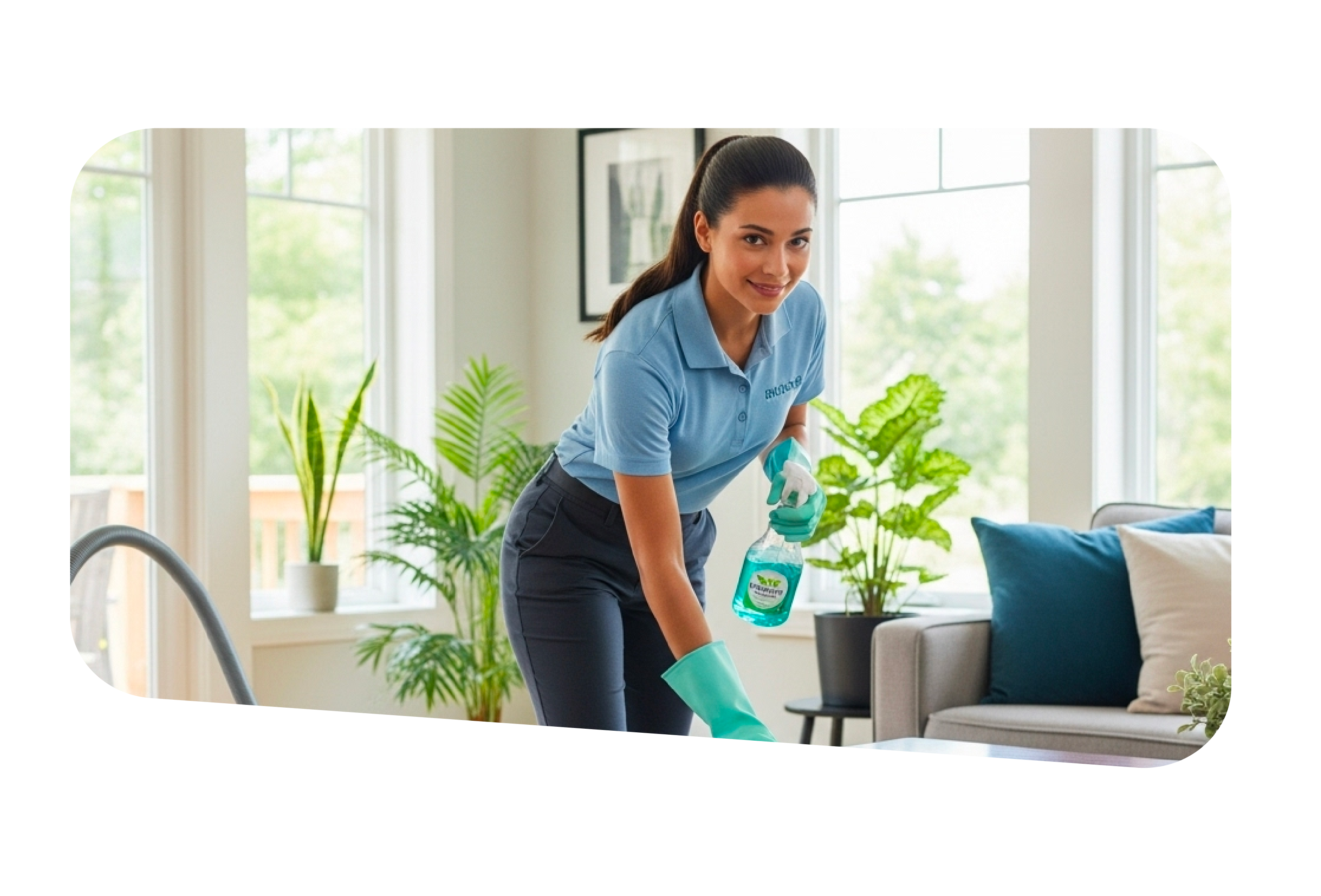 Professional cleaner wiping a surface in a modern home.