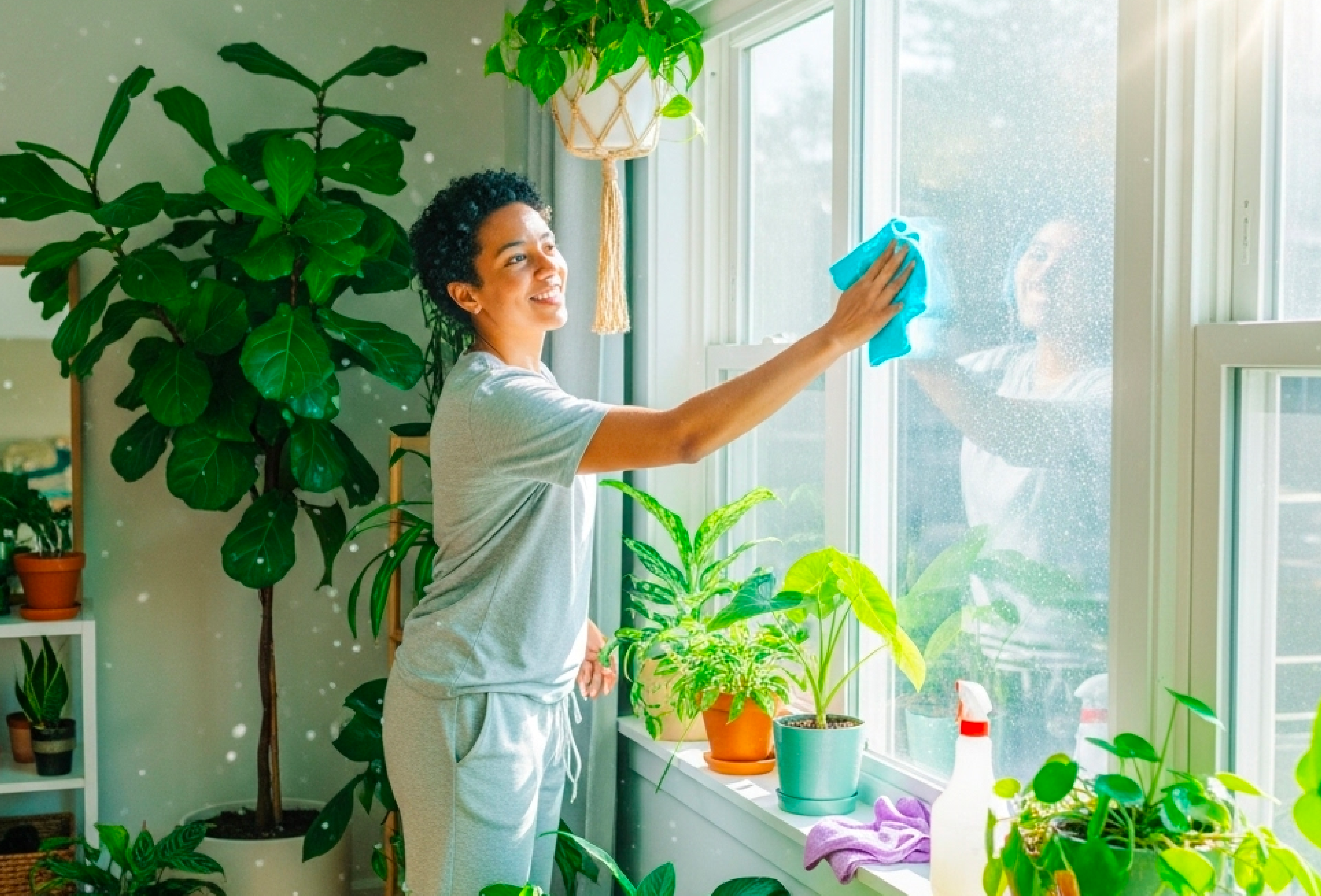 Bright and airy room with cleaning supplies.